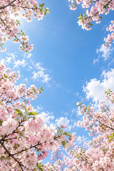 蓝天下粉色樱花枝条环绕留白的竖版手机壁纸