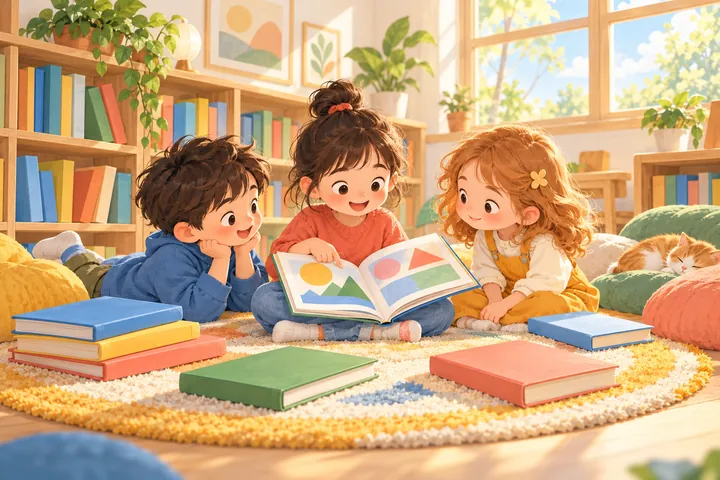 三名原创儿童在明亮图书角阅读的横版插画
