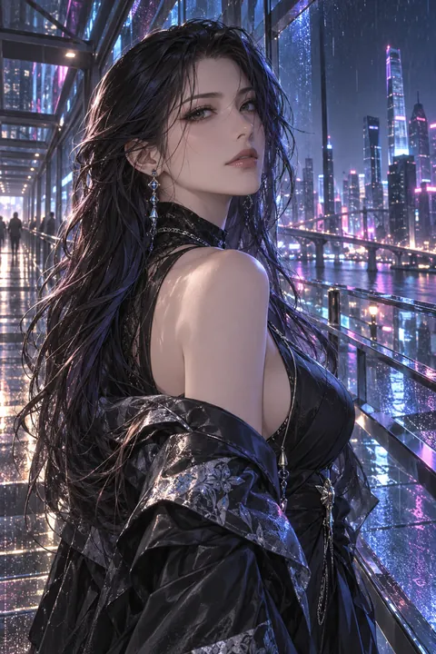 原创东亚成年女性站在雨夜霓虹玻璃廊桥上的竖版赛博二次元写真