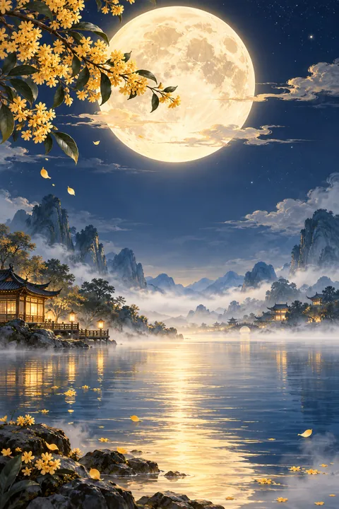 满月桂花与水面倒影组成的中秋竖版海报背景