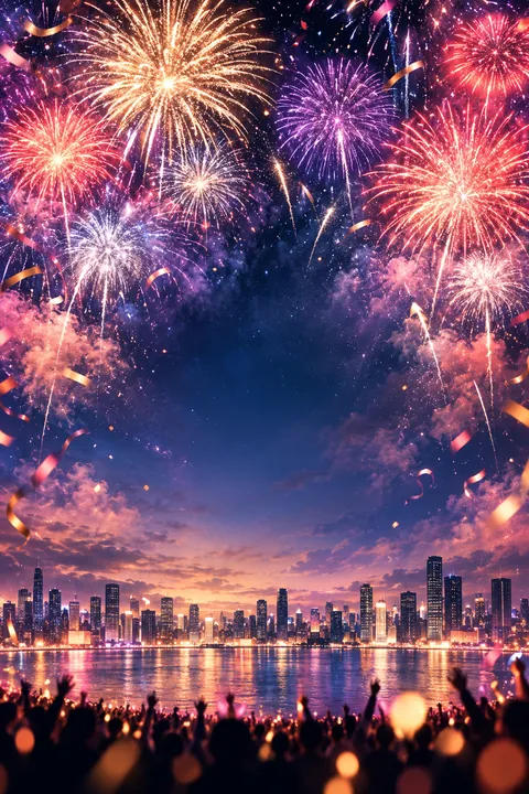 城市夜空烟花与金色纸片组成的元旦竖版海报背景