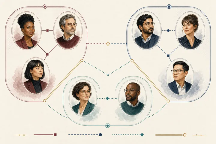 八位研究人员按三个部门分组并以不同连线连接的人物关系图