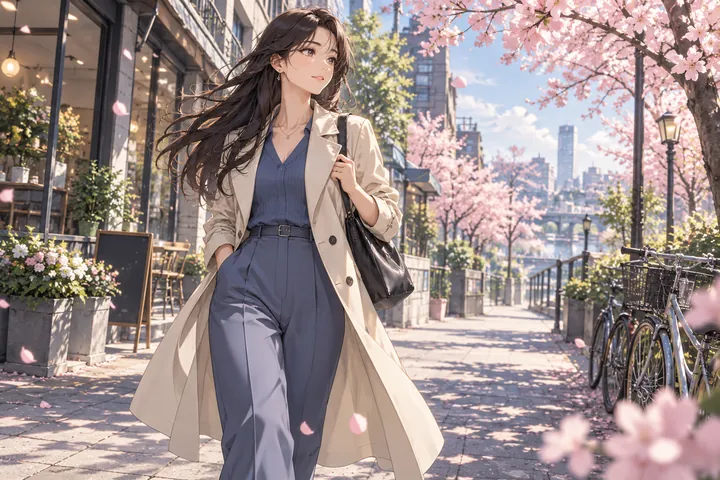 原创东亚成年女性漫步樱花都市街区的横版二次元插画