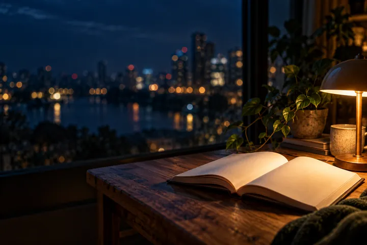 打开的书与暖灯在夜晚窗边组成的公众号阅读文章封面