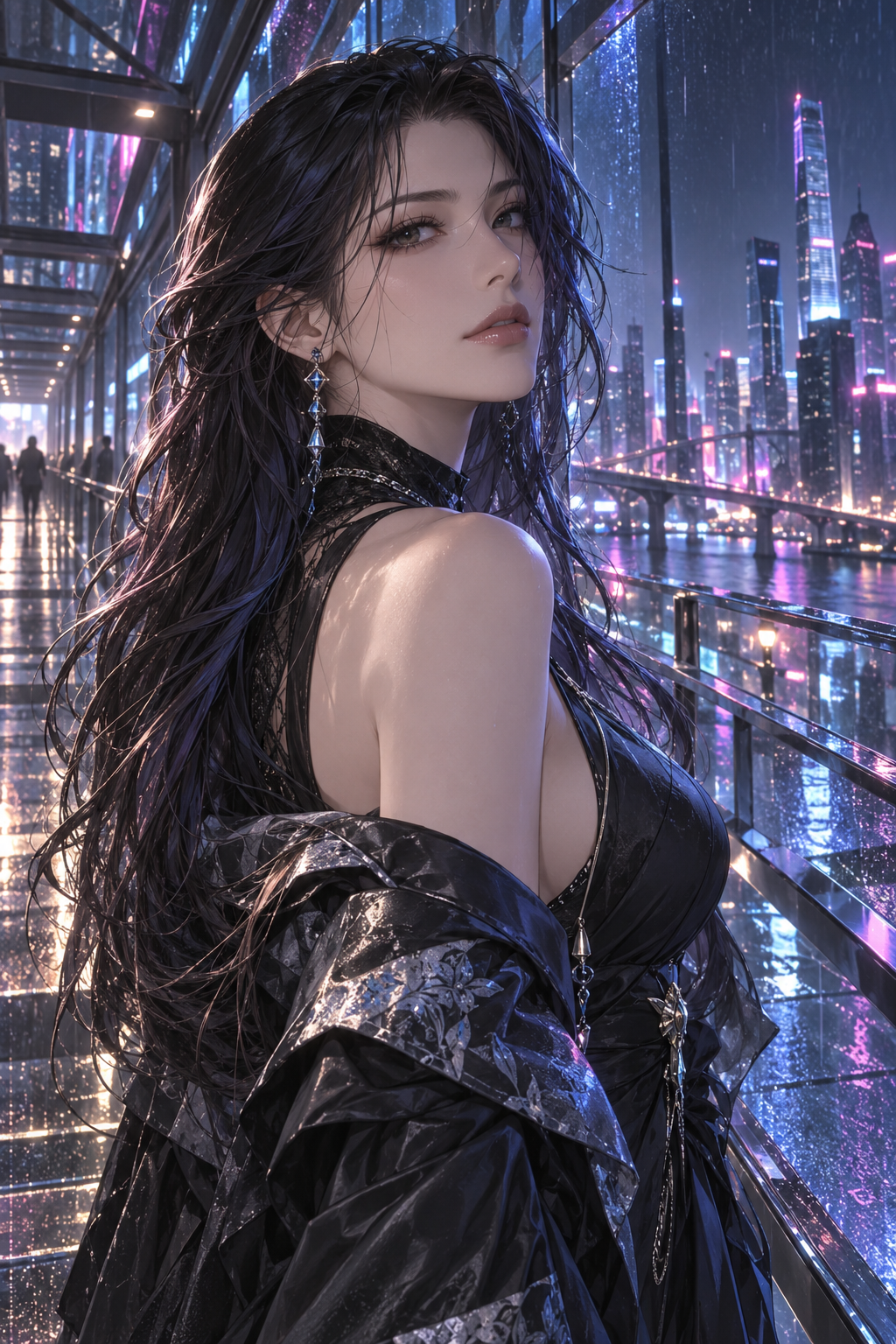 黑色反光服饰与长发人物的时尚近景
